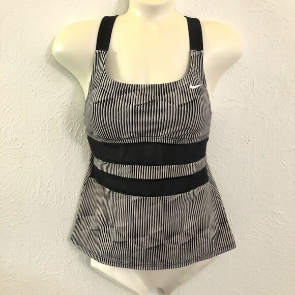 Nike Women Black White Print Mesh Insert Radical Edge V Back Tankini Swim Top S - Picture 6 of 8